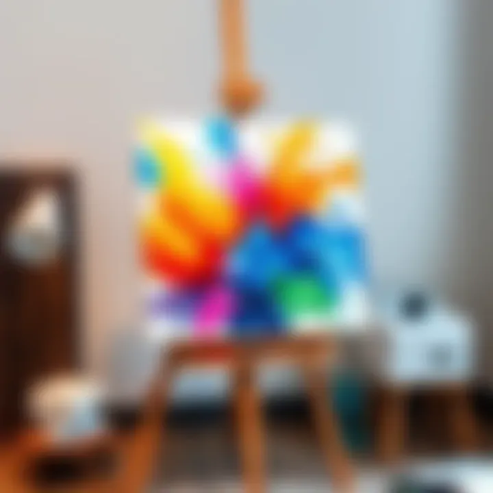 A stunning watercolor painting showcasing vibrant colors and techniques, measuring 76x56cm, displayed on an easel.