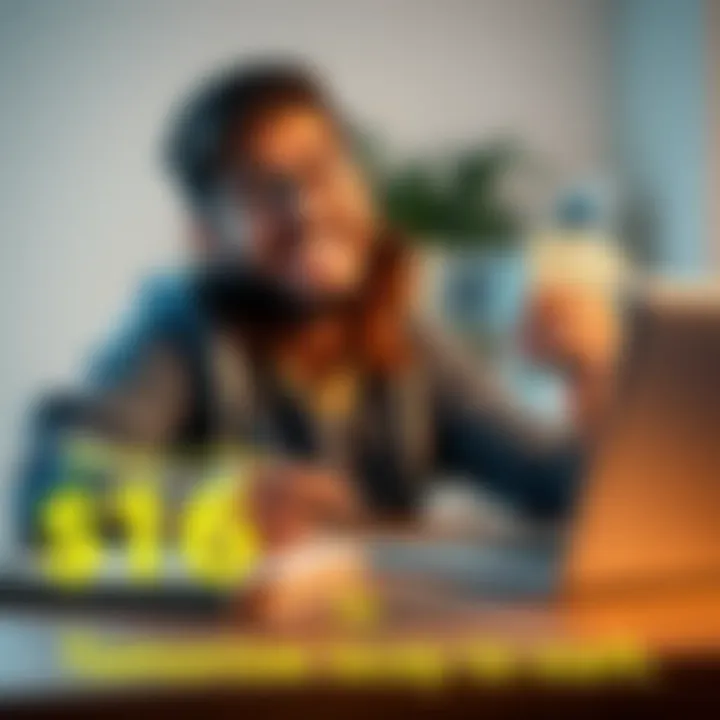 A person holding cash while looking excited, with a notepad and a laptop on a table showing money-making ideas.