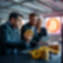 A group of successful people discussing large Bitcoin transactions while looking at charts on a laptop in a modern office setting