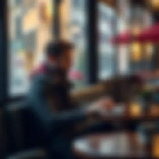 A person using a laptop to check the AMP web app while sitting in a café in Italy, looking concerned about accessibility issues.