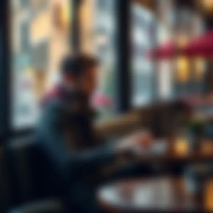 A person using a laptop to check the AMP web app while sitting in a café in Italy, looking concerned about accessibility issues.