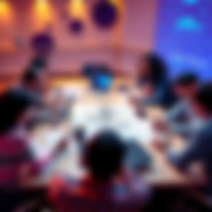 A group of people brainstorming ideas for a Web3 hackathon, with laptops and sketches of blockchain and AI concepts on the table.