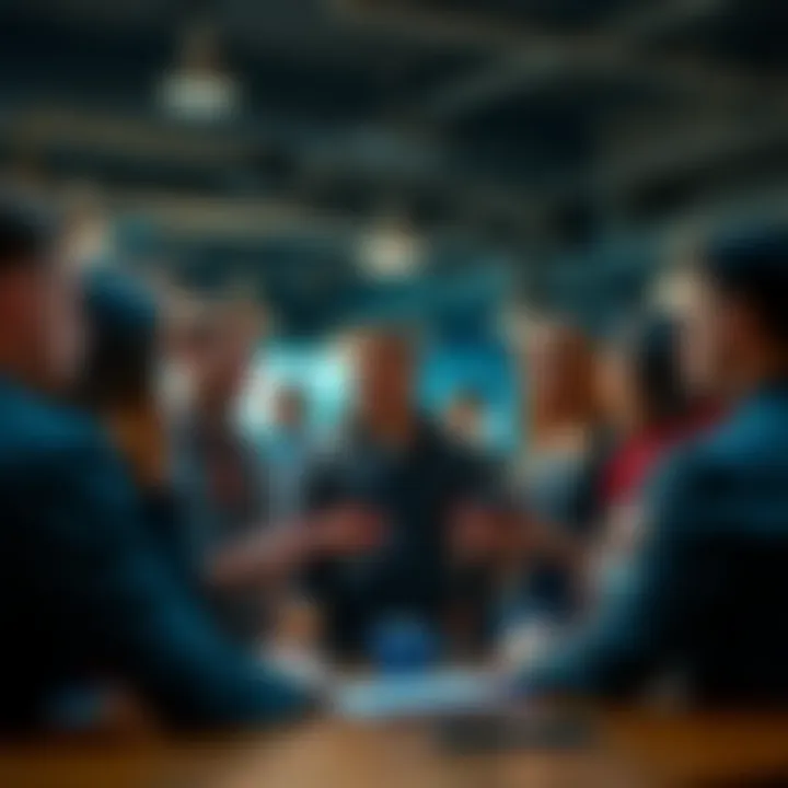 A group of developers discussing job opportunities in a tech meetup, showing concern about the Web3 job market shift.