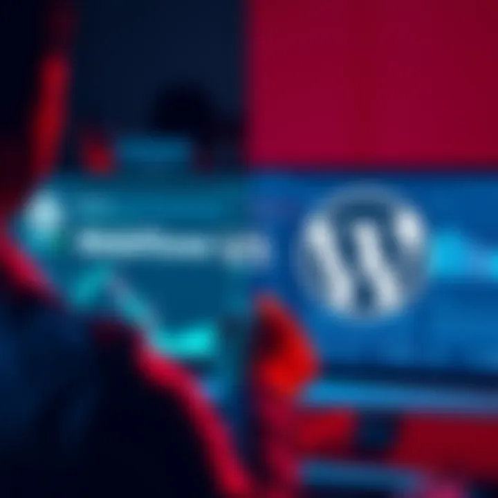 A split-screen showing a person analyzing Webflow on one side and a WordPress dashboard on the other side, representing agency decision-making.