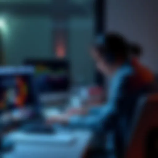 A person sitting at a desk, quietly working on a laptop with a website open on the screen, while looking around cautiously to ensure no one is watching.