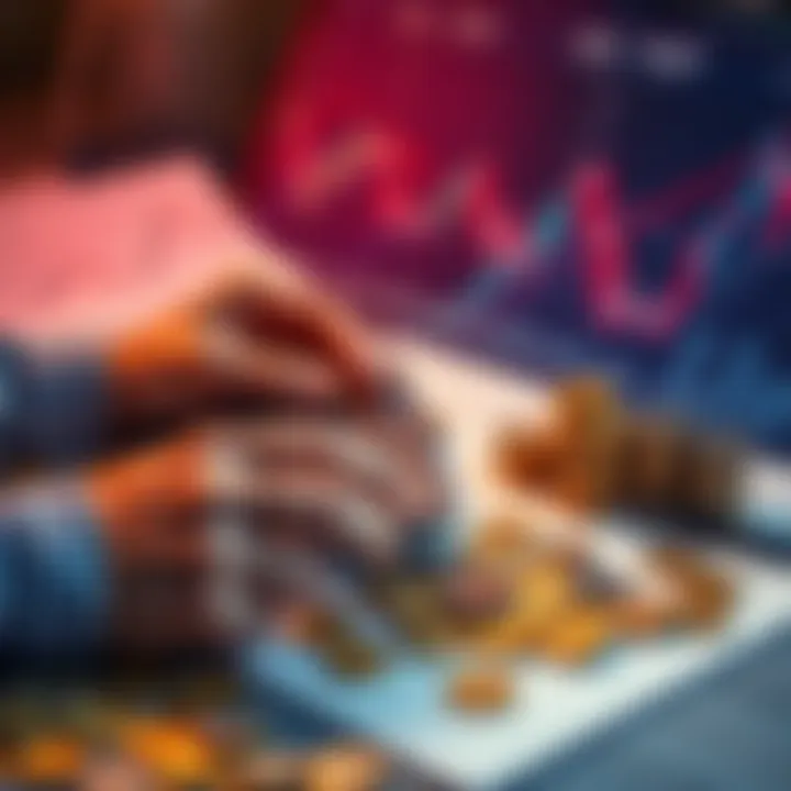 Weekly Dollar-Cost Averaging A person calculating investments with a calculator and notepad, surrounded by coins and charts, representing weekly dollar-cost averaging strategy.