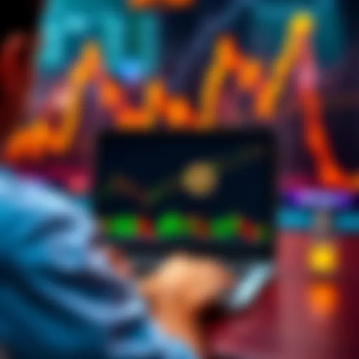 A person using a laptop to research Bitcoin dollar-cost averaging strategies with a graph in the background showing rising prices.