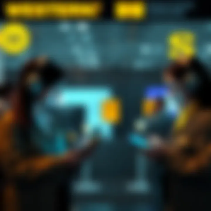 Western Union and Solana Partnership Western Union agents with digital devices showcasing Solana's stablecoin network for global transactions