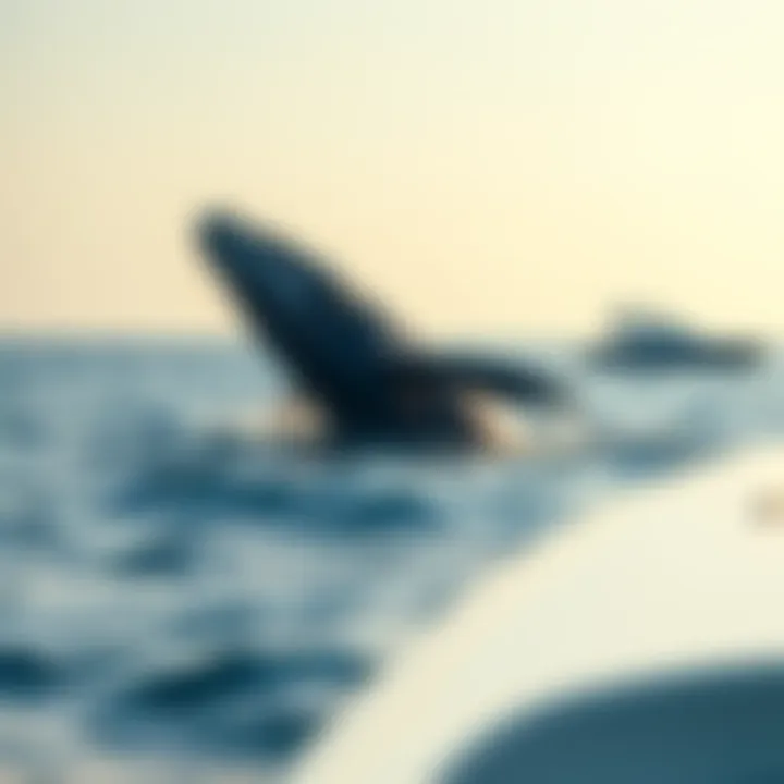 A whale breaching the water next to a boat, showing its playful behavior.
