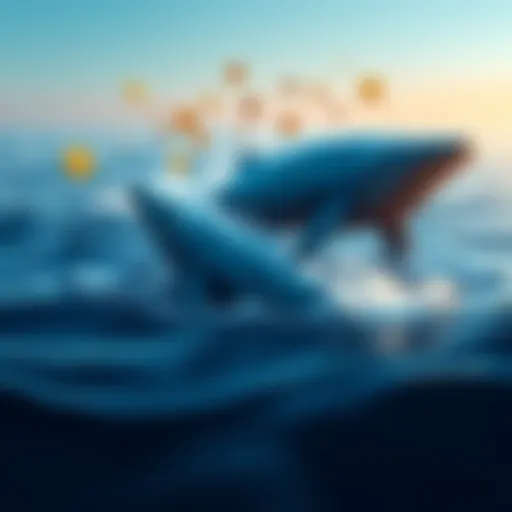 A graphic showing whales in the ocean symbolizing whale investors boosting Solana's market strength, with digital currency icons floating above them.