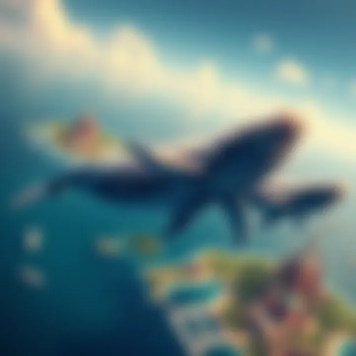 A digital ocean scene showing whales swimming amid islands and landmarks in the Atlas game, symbolizing growth and player engagement
