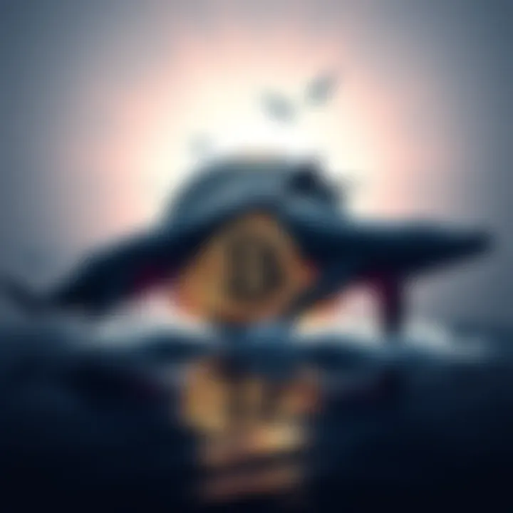 Whales Shorting Bitcoin Large whale figures casting shadows over Bitcoin symbol, indicating heavy short selling pressure on the market.