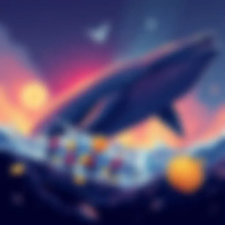 Illustration showing whales symbolizing large investors with short positions on Bitcoin and Ethereum, contrasting with smaller figures representing retail investors holding long positions.