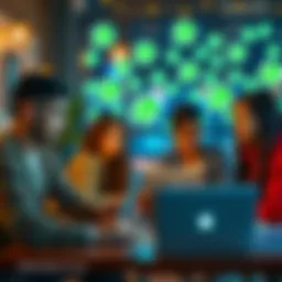 A group of diverse first-year students discussing coding on their laptops in a cozy environment, with WhatsApp icons in the background.