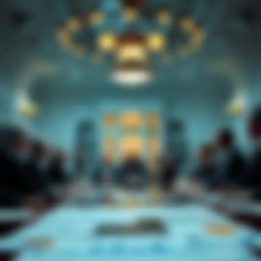 A gathering of officials and bank representatives discussing stablecoins at the White House, with charts and documents on the table.