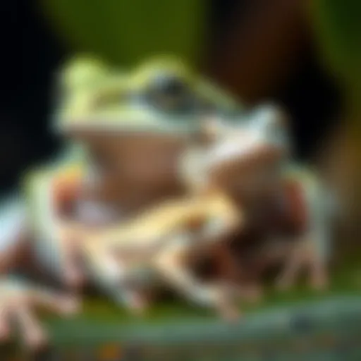 A close-up of two white tree frogs, one larger and older, showing differences in size and color compared to a smaller, younger one.
