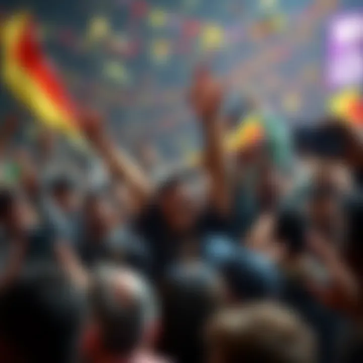 A lively gathering of Whole Coiners celebrating their achievements with banners and tokens in hand, surrounded by a crowd with mixed expressions, showing both joy and skepticism.