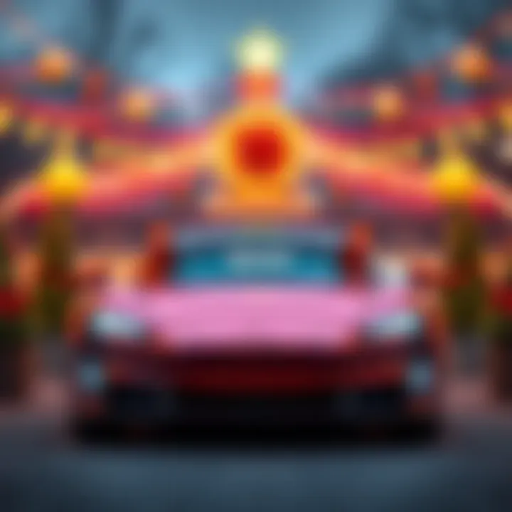 A shiny Tesla Roadster in front of a festive backdrop, representing the BitMart competition. Prizes include Bitcoin and USDT.