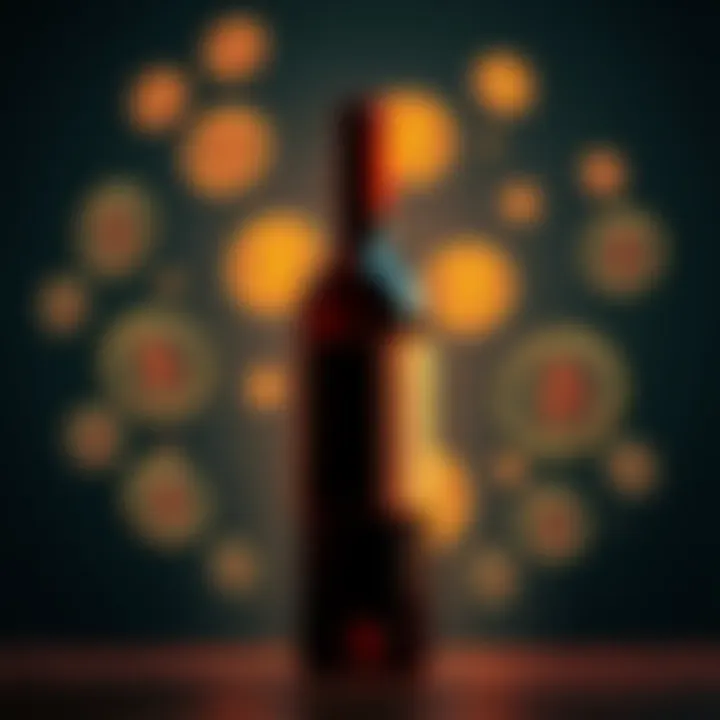 A wine bottle surrounded by blockchain icons representing traceability and authenticity.