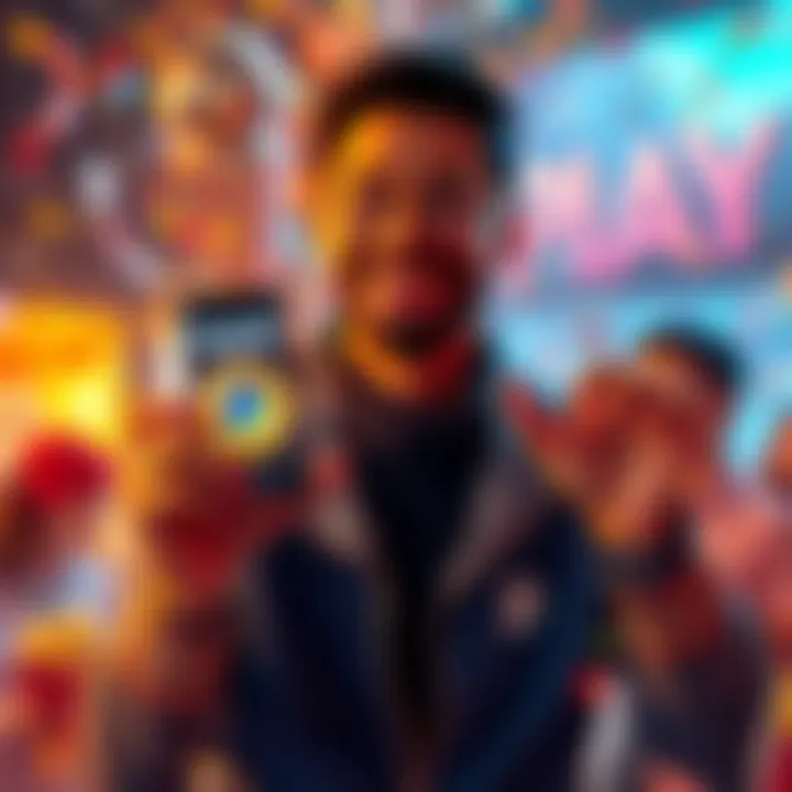A happy winner holding a smartphone displaying their Bitcoin prize from PayPal's sweepstakes, surrounded by confetti and festive decorations.