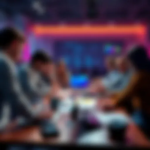 A diverse group of participants brainstorming ideas for a hackathon project at a table with laptops and sketches around them