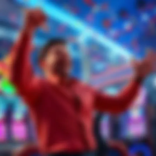 A joyful player celebrating after winning back-to-back jackpots on Wheel of Fortune with confetti and lights in the background.