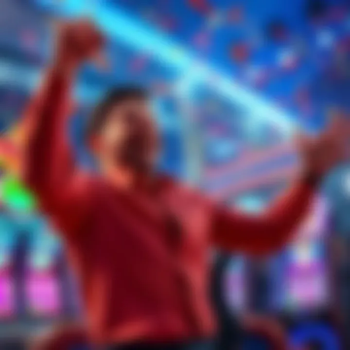 A joyful player celebrating after winning back-to-back jackpots on Wheel of Fortune with confetti and lights in the background.