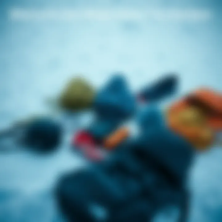 A person examines winter packs and gear spread out on a snowy surface, looking curious about their uses.
