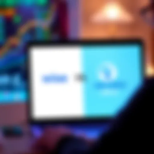 A person comparing money transfer options on a laptop screen showing Wise and Revolut Ultra logos, with currency symbols and graphs in the background.