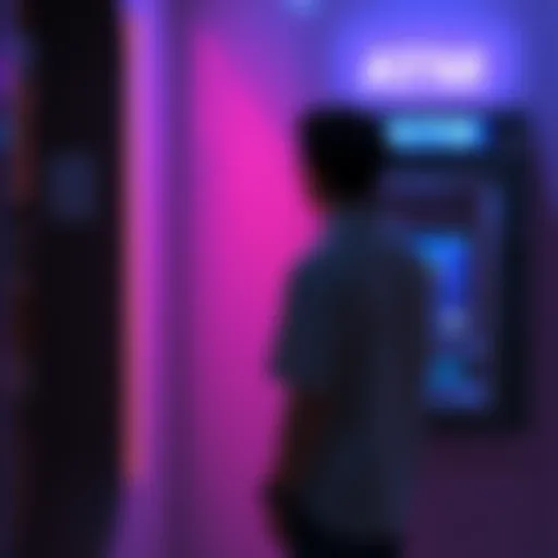A person stands at an ATM, looking surprised as they attempt to withdraw a large amount of cash, symbolizing the experience of using cryptocurrency exchanges.