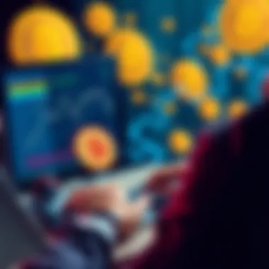 A person using a computer to transfer Bitcoin from an exchange to a hardware wallet, with Bitcoin symbols in the background