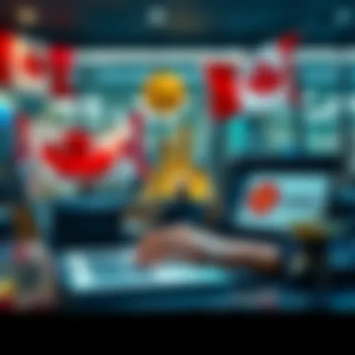 A person using a laptop to withdraw USDC to USD at a bank in Canada, with cash and a Canadian flag in the background.
