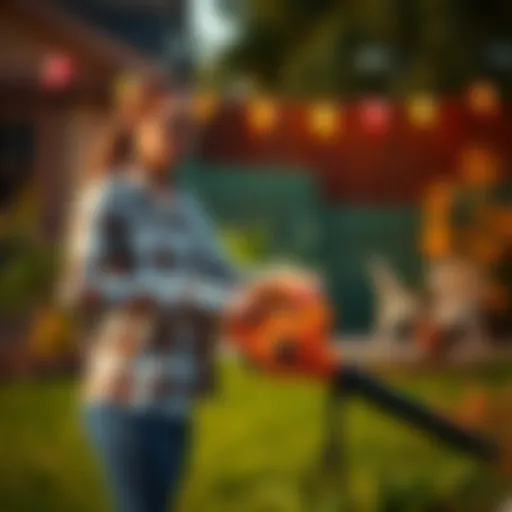A woman using a battery-operated leaf blower in her yard, showcasing the product while expressing her positive review and concerns about marketing