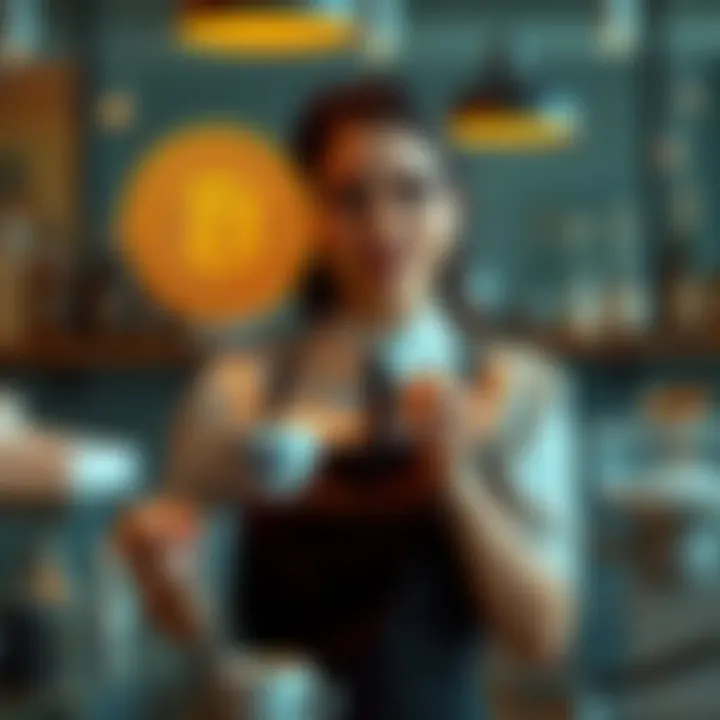 A woman in a barista uniform serves coffee while a Bitcoin symbol hovers above her, symbolizing the choice between everyday indulgence and digital wealth.