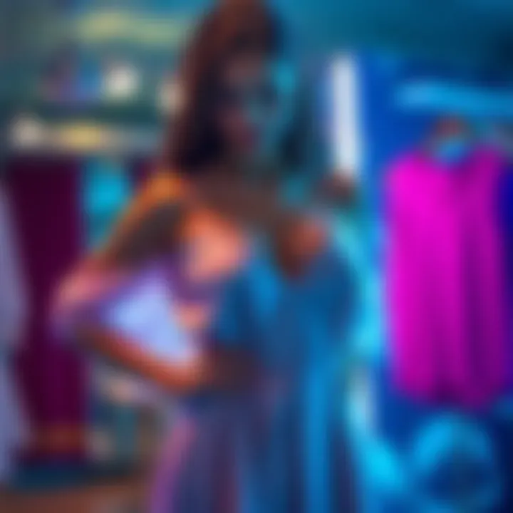 A woman trying on a dress that fits well in the chest but is loose around the waist and shoulders