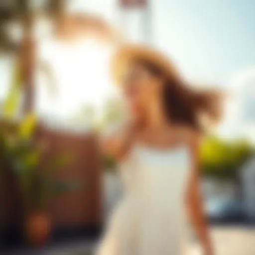 A woman wearing a light summer dress stands outside, basking in the warm sun, showing joy in the summer season