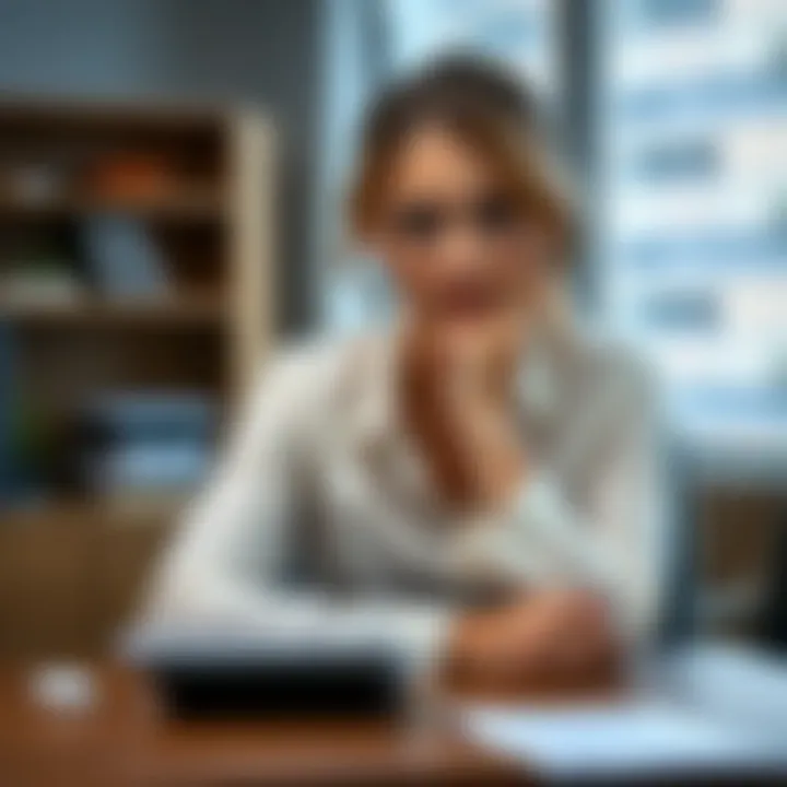 Woman sitting at a desk with a worried expression A woman in a professional setting looking distressed as she faces job loss after FMLA expiration.