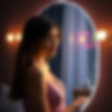 A woman looks in the mirror, contemplating her body image and feelings about breast size, showing a thoughtful expression.