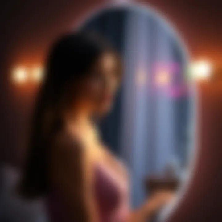 A woman looks in the mirror, contemplating her body image and feelings about breast size, showing a thoughtful expression.