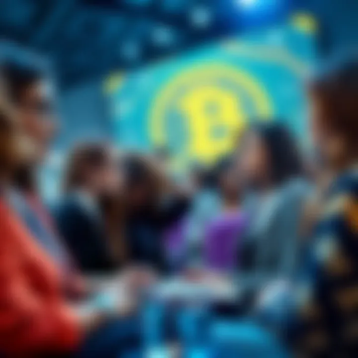 Group of diverse women discussing Bitcoin and cryptocurrency at a conference