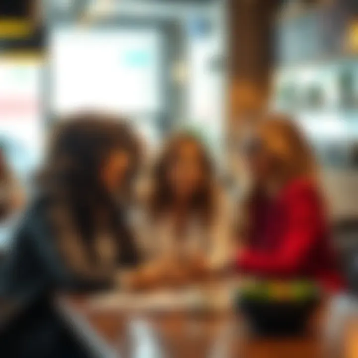 Women discussing finance A group of women in a coffee shop talking about investment strategies and expressing frustration with weak investors.