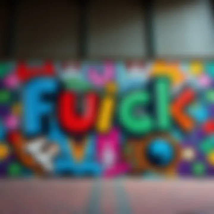 A colorful street art mural featuring the word 'fuck' in various styles, representing its impact on culture and language.