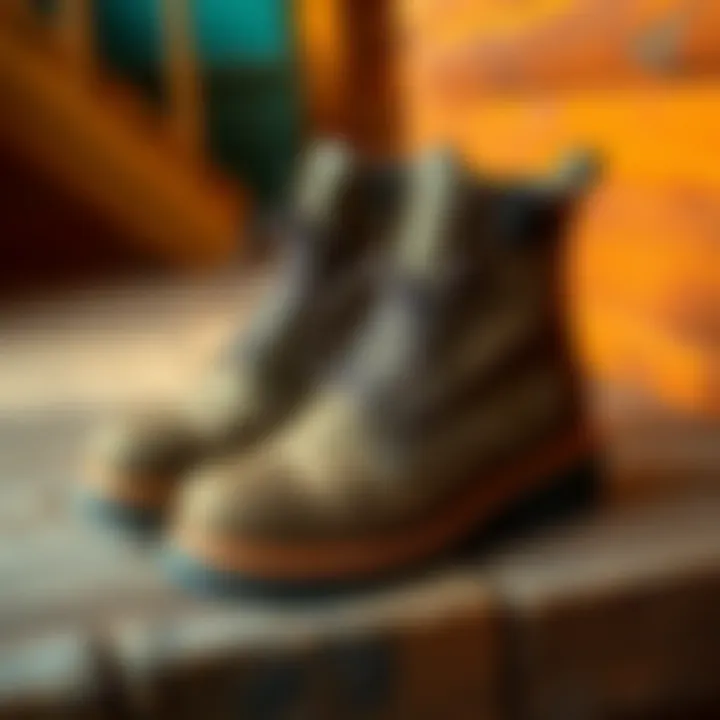 A pair of moc toe wedge work boots resting on a rustic wooden surface, showcasing their sturdy design
