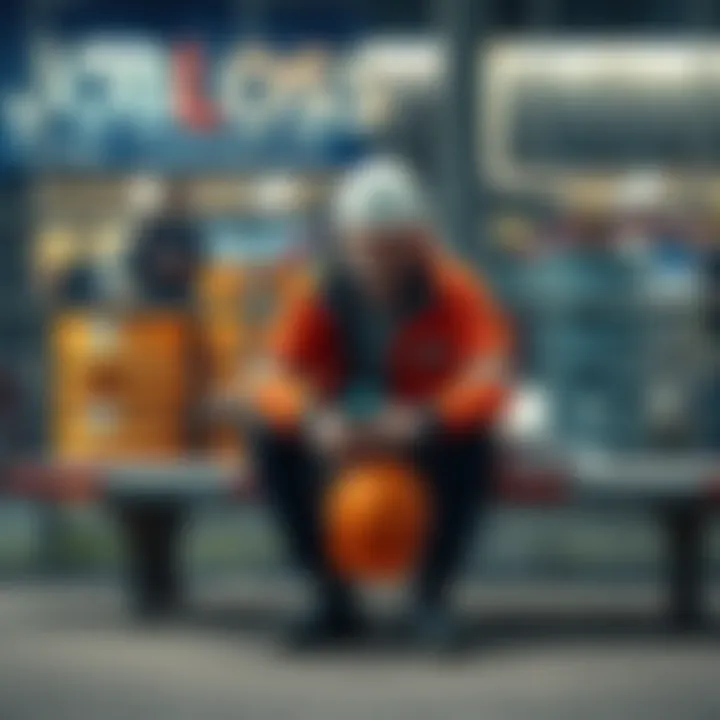 Worker looking disappointed after job loss A frustrated worker sitting on a bench with a hard hat in hand, reflecting on job losses due to toxic work environments