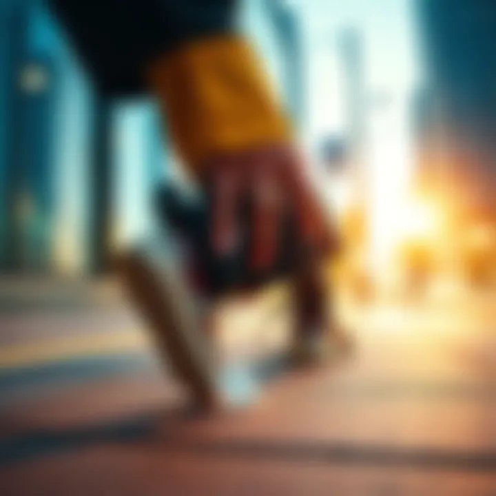 A person in work attire excitedly discovering a shiny diamond on a city sidewalk during their commute.