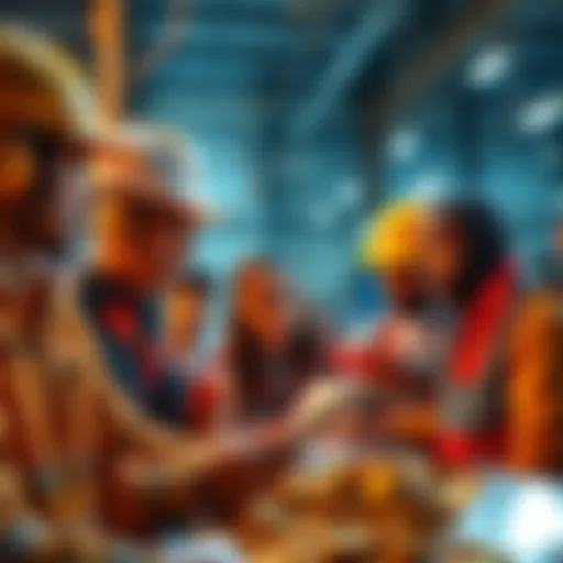 A group of diverse workers discussing cryptocurrency opportunities as they look for new financial paths after job loss due to AI.