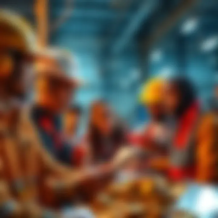 A group of diverse workers discussing cryptocurrency opportunities as they look for new financial paths after job loss due to AI.