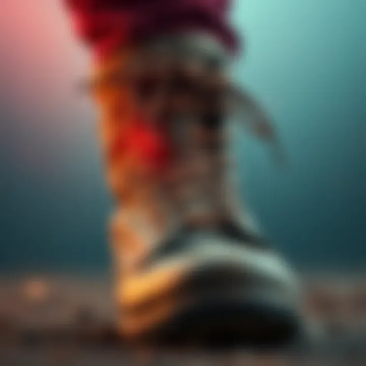 Close-up of a person's foot in a worn boot, showing discomfort from tight laces.
