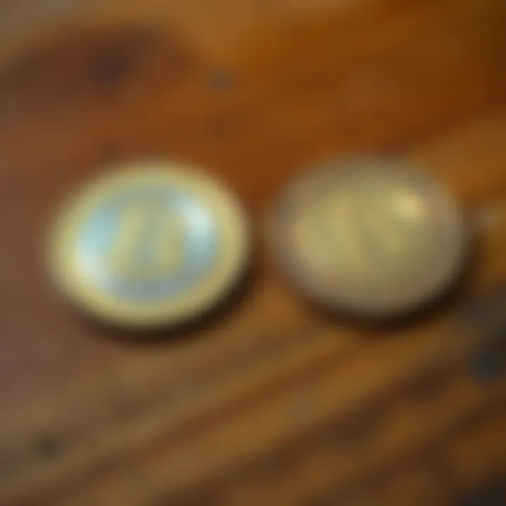 Two worn coins placed side by side on a wooden table, showcasing their edges and details for examination.
