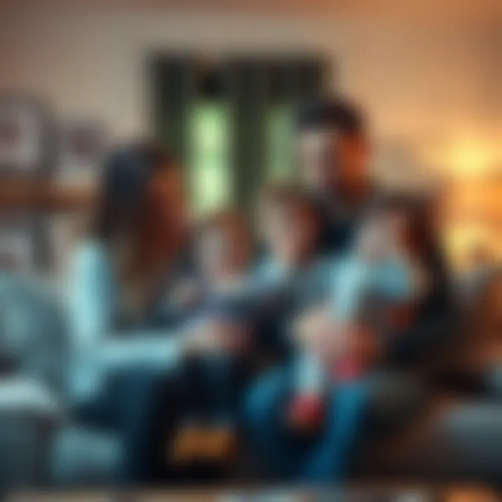 A distressed couple holding their young children in their living room, looking concerned about the delay in their house sale funds from Revolut.